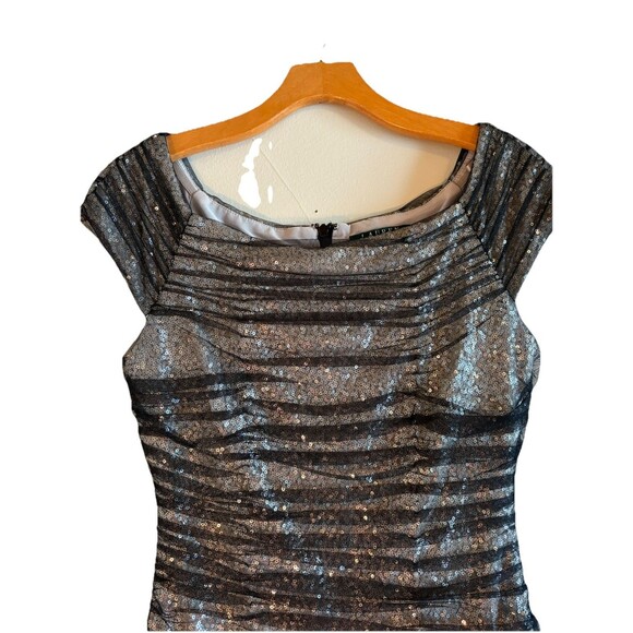 Ralph Lauren‎ Black Gray Sequined Mesh Ruched Sheath Cocktail Party Dress Size 8 - Picture 4 of 13